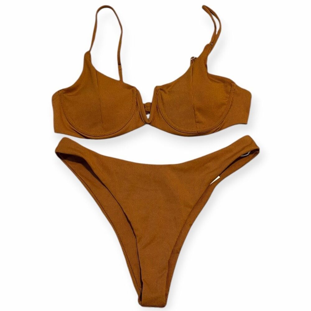FLORAKINI Ribbed Underwire Bikini Set Brown Size Large NWT Women’s Swimwear